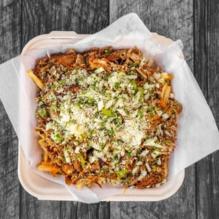 CHILE VERDE FRIES - FRIES, CHEDDAR, CARNITAS, SALSA VERDE, CILANTRO Y CEBOLLA, QUESO. NO SUBSTITUTIONS