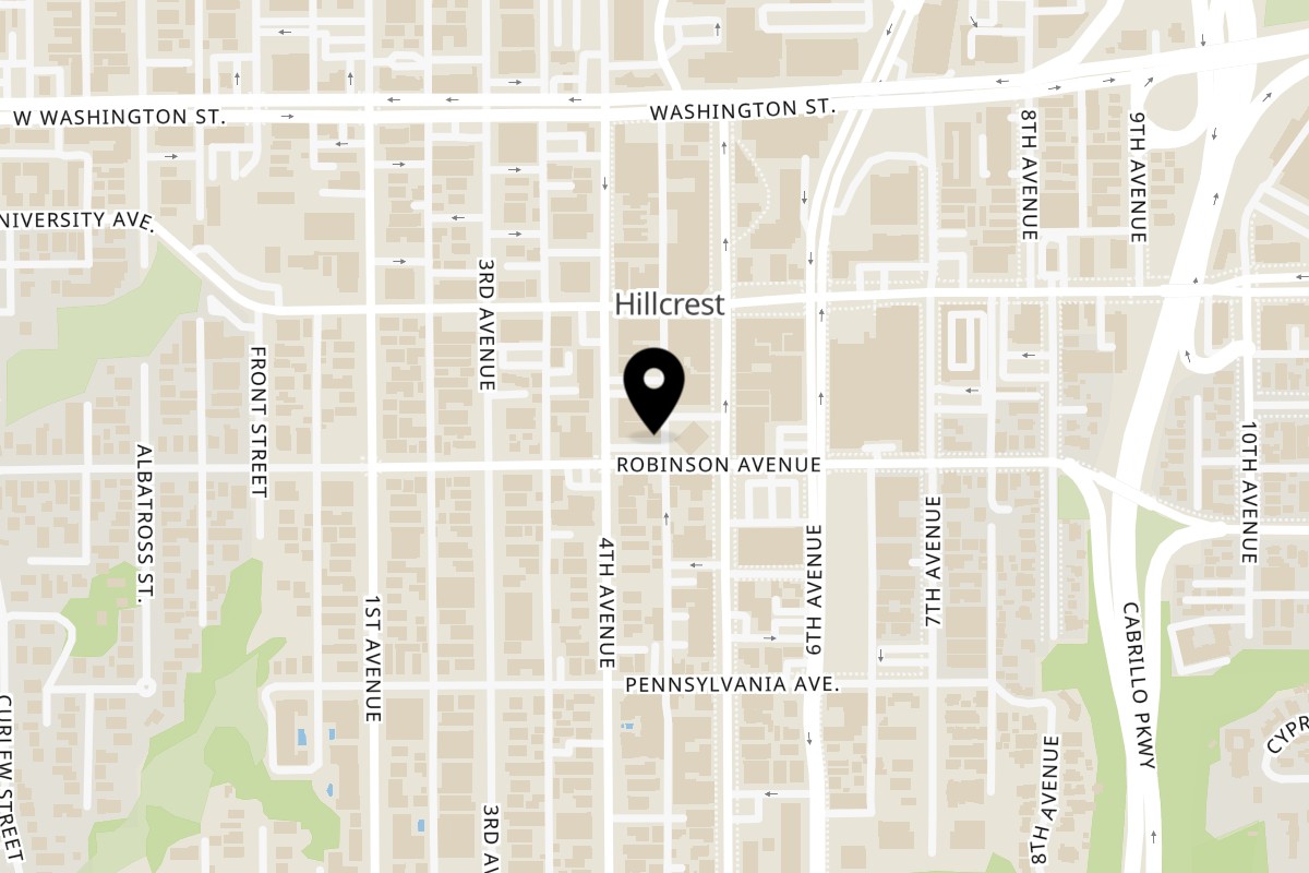 Map showing the location of Roberto's Taco Shop Hillcrest on 420 Robinson Ave STE F in San Diego