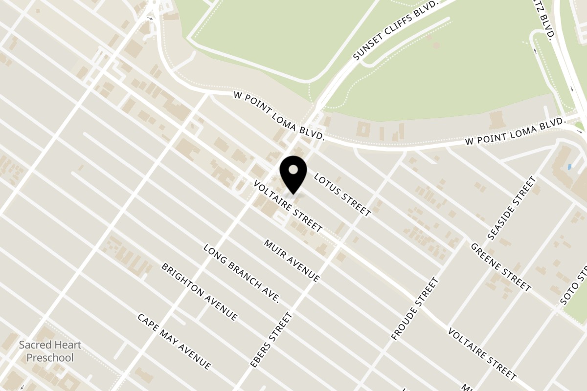 Map showing the location of Roberto's Taco Shop Ocean Beach on 4770 Voltaire St in San Diego