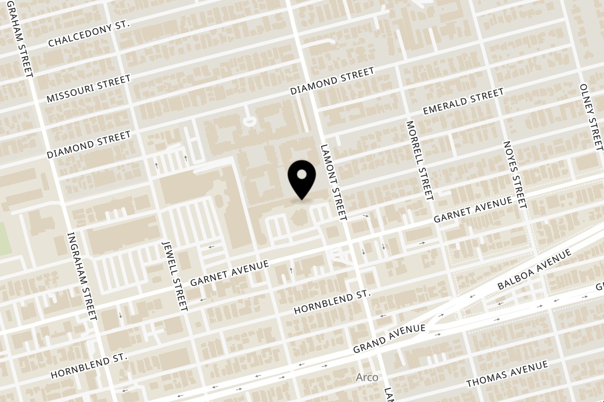 Map showing the location of Roberto's Taco Shop Pacific Beach on 1858 Garnet Ave in San Diego