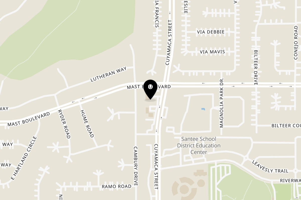 Map showing the location of Roberto's Taco Shop Santee on 9740 Cuyamaca St STE C in Santee